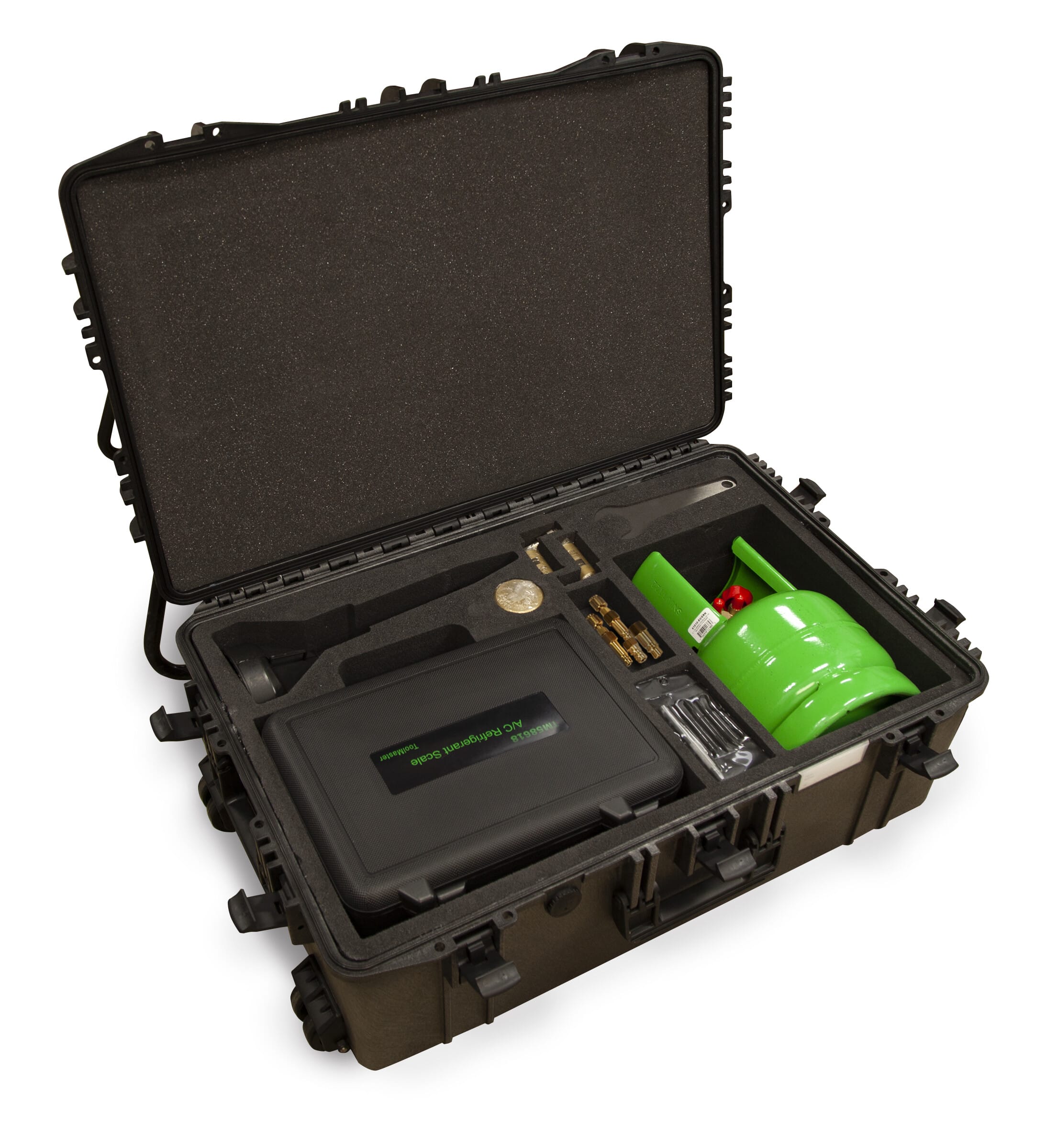 Rotary RAI Service Kit for R3AC Series Carts, includes foamed Pelican-style box, electronic scale, oil funnel, filter wrench, O-ring kit, empty 6L tank, weights, and adapters