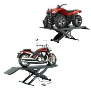 Red ATV and maroon cruiser motorcycle displayed on Forward Lift 1000MCL scissor lifts with diamond plate platforms