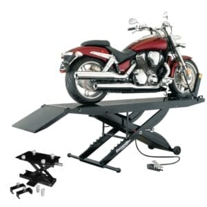 Maroon cruiser motorcycle on Forward Lift 1000MCLDT lift with ramp and optional accessories shown
