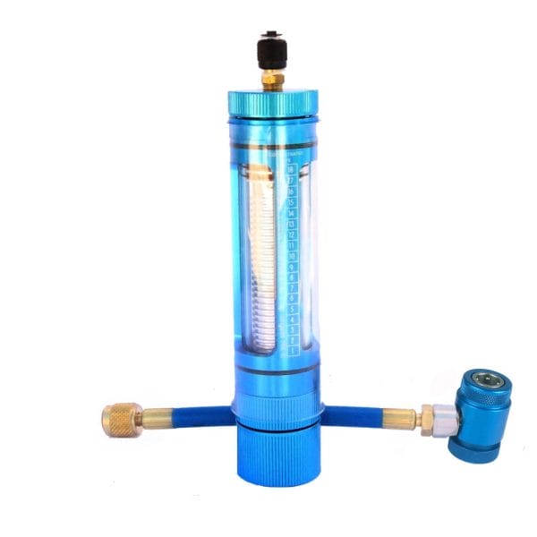 Rotary Manual Oil Injection System for R3AC60 carts, R1234YF oil injector with sight glass body, includes 5-inch hose and quick coupler Rotary Manual Oil Injection System TM90021-A for R3AC50 and 50T carts with efficient manual operation
