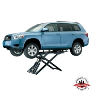Blue Toyota Highlander raised on a Forward Lift 6000MRL mid-rise scissor lift, ALI certified