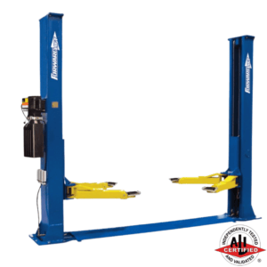 Forward Lift BP9 two-post automotive lift with blue posts and yellow arms, ALI certified