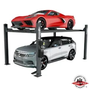 Forward Lift EFP9 four-post car lift with red Corvette parked above a silver SUV, ALI certified for residential and commercial use