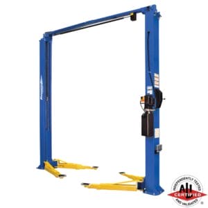 Forward Lift F10 two-post car lift with overhead bar and asymmetrical arms, ALI certified