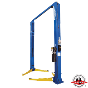 Forward Lift F12 two-post automotive lift with blue frame and yellow arms, ALI certified