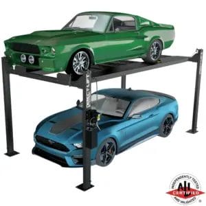 Green classic Mustang parked above a blue modern Mustang on a Direct Lift PP8PL four-post car lift