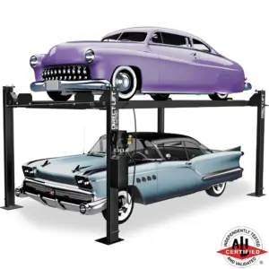Purple vintage car elevated above a blue classic car using a Direct Lift PP8S four-post automotive lift, ALI certified