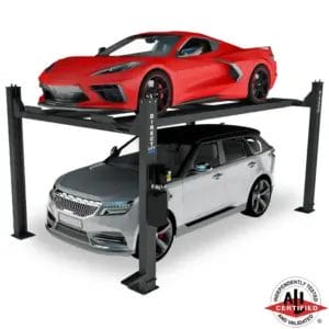 Red Corvette and silver SUV parked on a Direct Lift PP9 four-post car lift, ALI certified for residential or commercial garage use