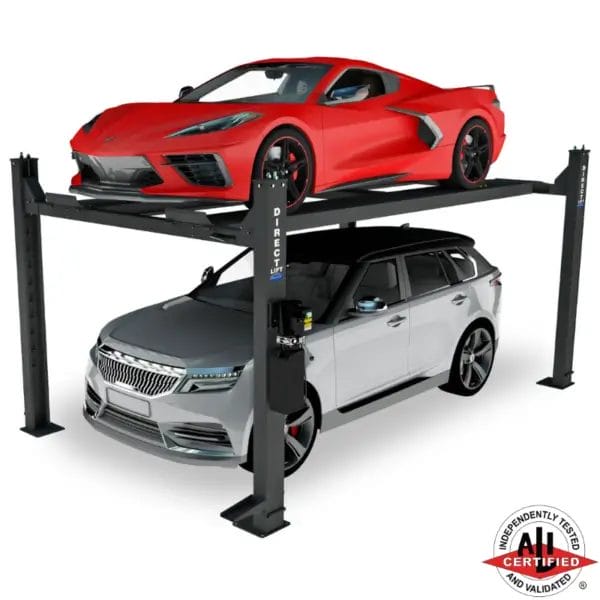 Red Corvette and silver SUV parked on a Direct Lift PP9 four-post car lift, ALI certified for residential or commercial garage use