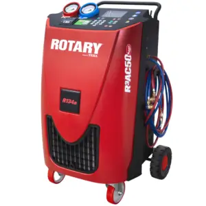 Rotary R3AC50 A/C recovery and recharge machine for R134a refrigerant with analog gauges and wheeled cart design