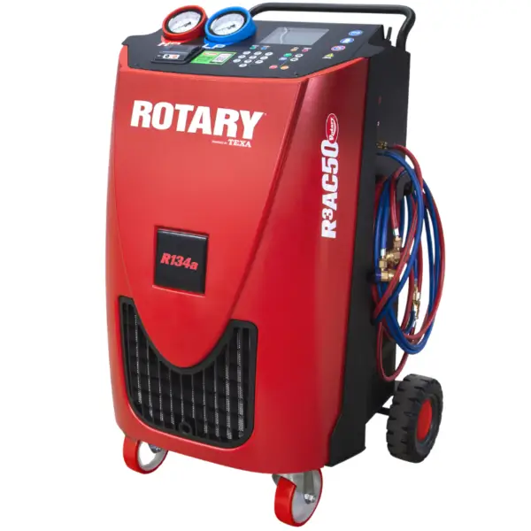Rotary R3AC50 A/C recovery and recharge machine for R134a refrigerant with analog gauges and wheeled cart design
