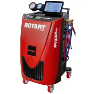 Rotary R3AC80 dual-gas A/C machine compatible with R134a and R1234yf, featuring touchscreen interface and multi-port manifold
